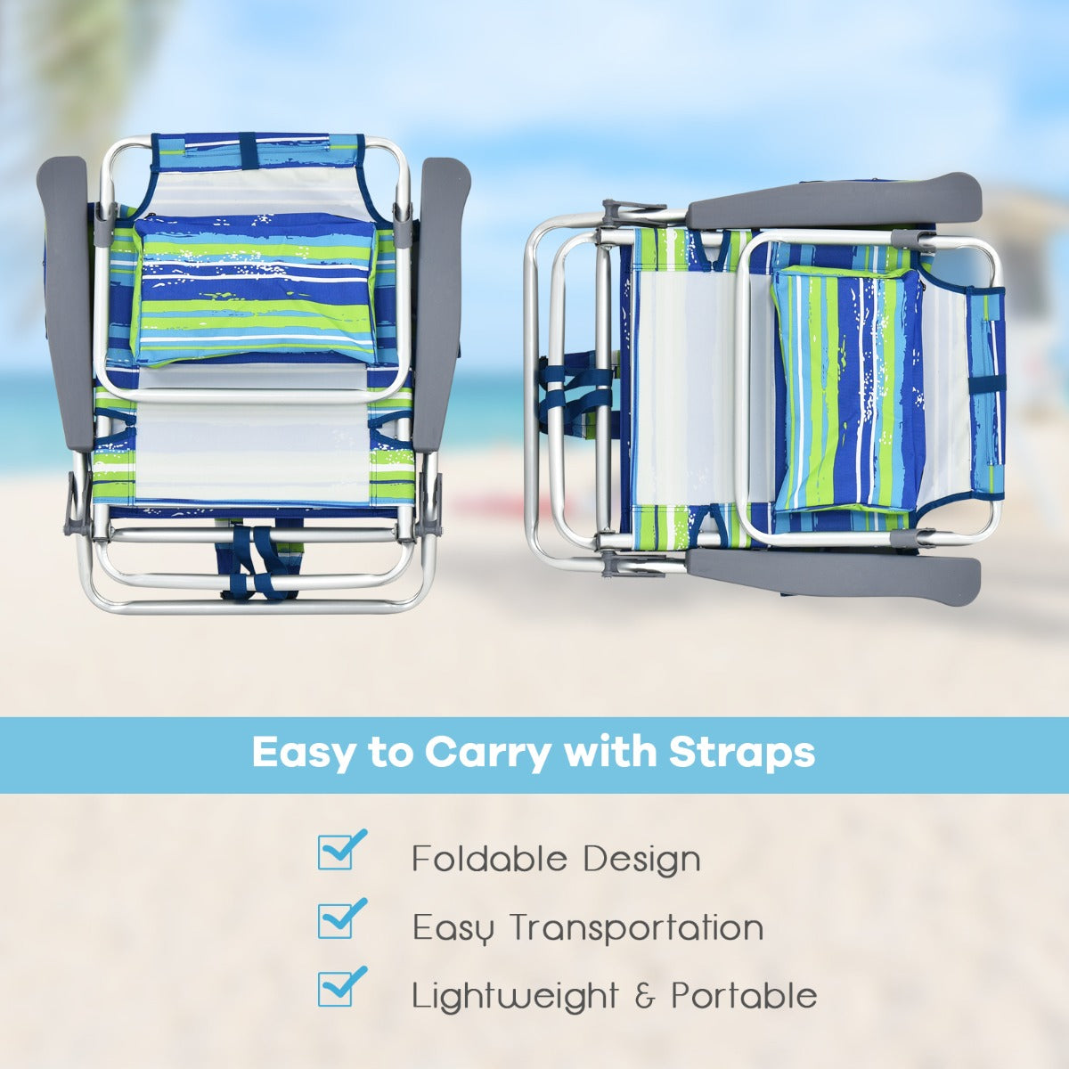 LIVSK 3-delige Strandmeubelset - 2 Verstelbare Strandstoelen met Hoofdkussen - Opvouwbare Campingtafel - Duurzaam - Blauw/Groen