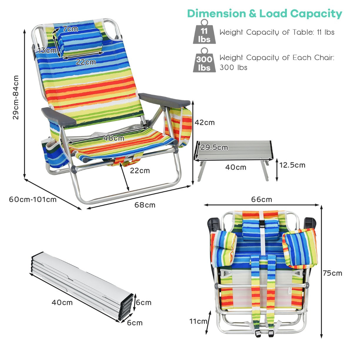 LIVSK Strandmeubelset - 2 Verstelbare Strandstoelen met Zachte Bekleding - Opvouwbare Campingtafel - Duurzaam en Draagbaar - Blauw