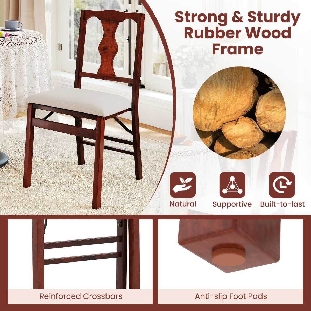 Livsk costway set van 2 4 klapstoelen eetkamerstoelen met comfortabele gestoffeerde zittingen en rubberen boomhouten frame 3 2
