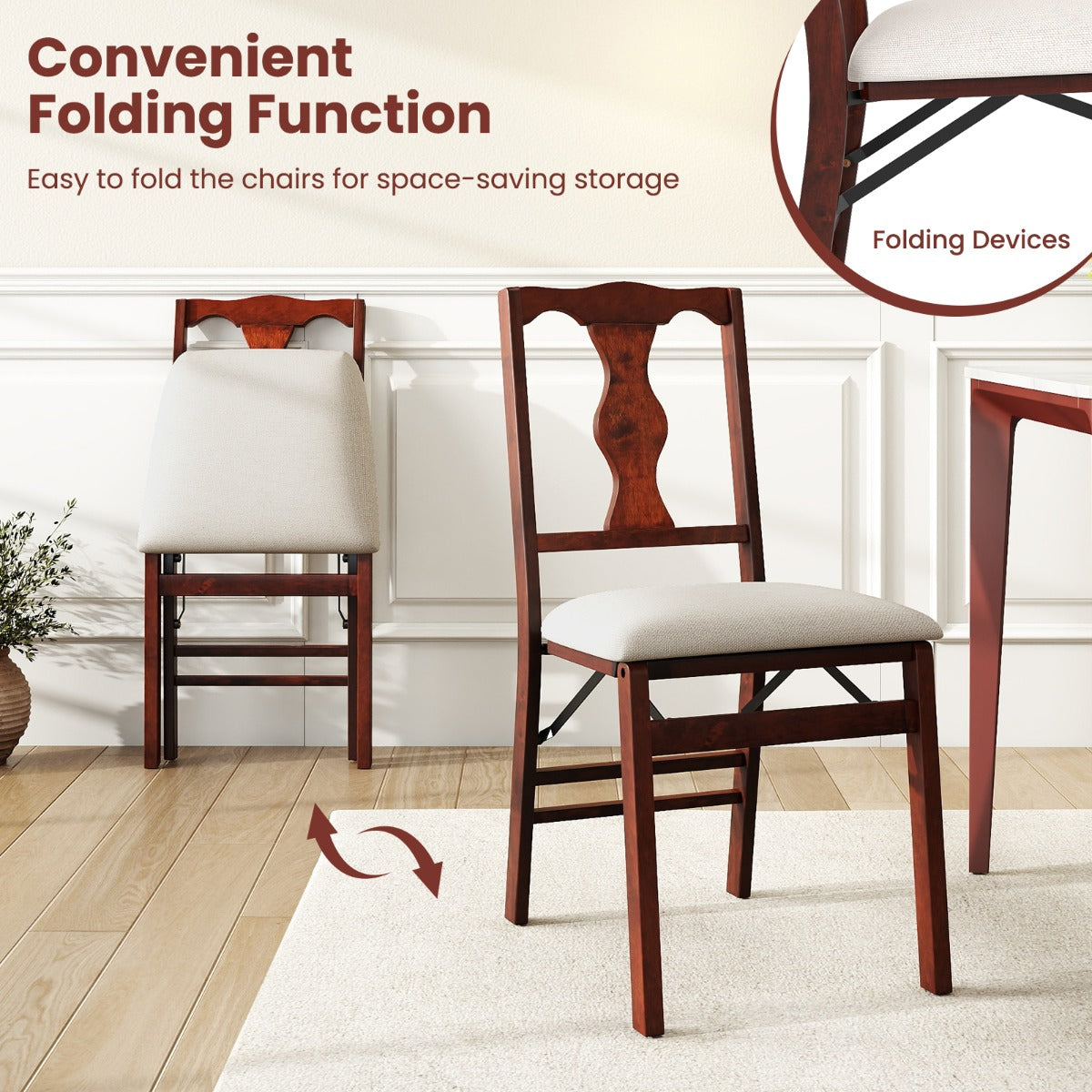 Livsk costway set van 2 4 klapstoelen eetkamerstoelen met comfortabele gestoffeerde zittingen en rubberen boomhouten frame 4 2