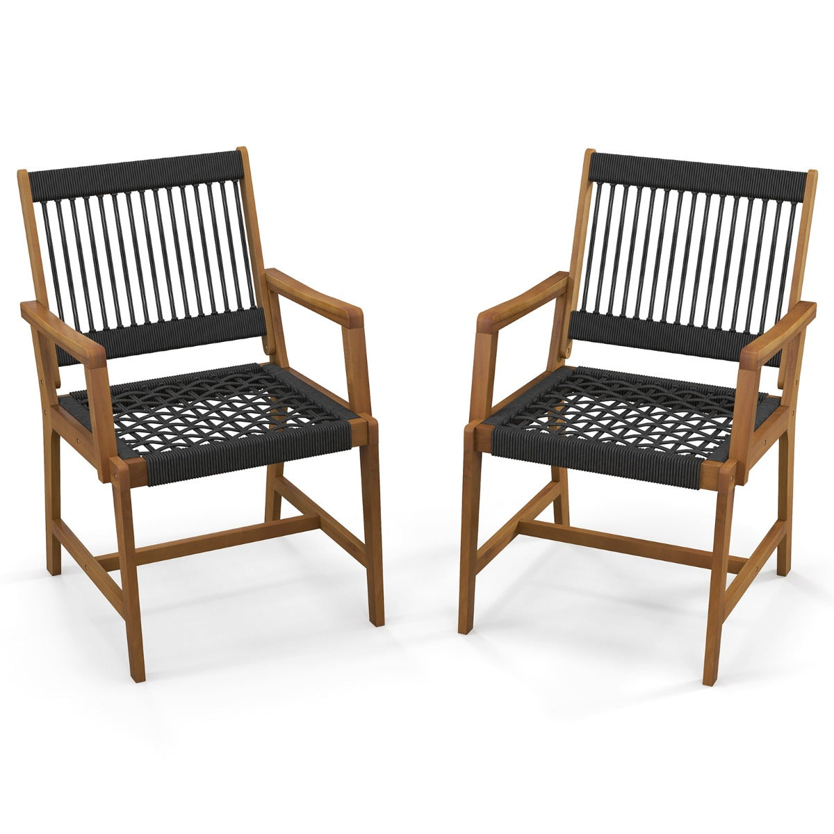 LIVSK Weerbestendige Terrasstoelen - Handgeweven Kunststof Touw - Acaciahouten Frame - Ergonomisch Design - Zwart en naturel
