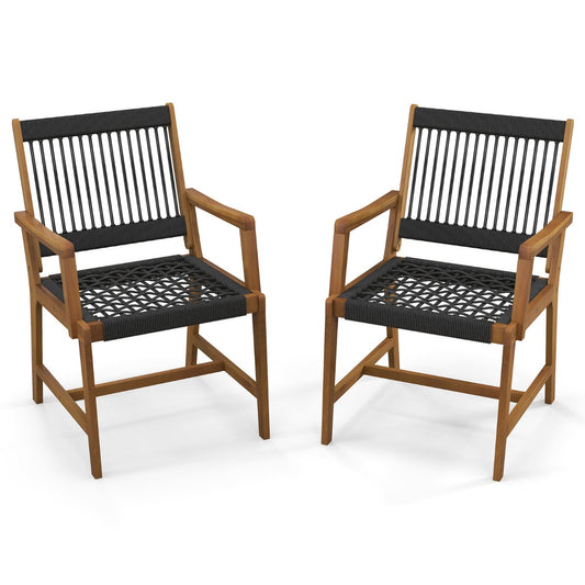 LIVSK Weerbestendige Terrasstoelen - Handgeweven Kunststof Touw - Acaciahouten Frame - Ergonomisch Design - Zwart en naturel