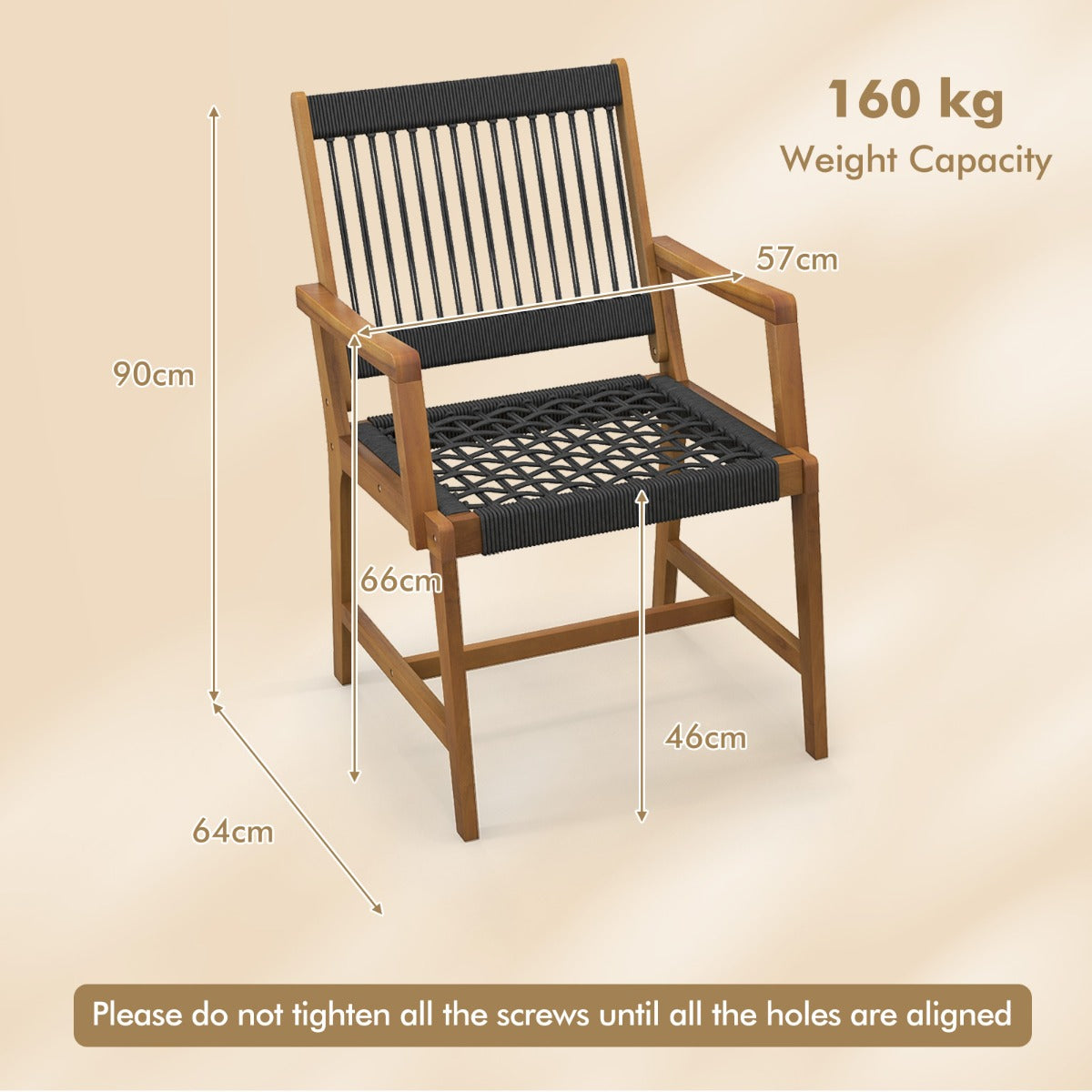LIVSK Weerbestendige Terrasstoelen - Handgeweven Kunststof Touw - Acaciahouten Frame - Ergonomisch Design - Zwart en naturel