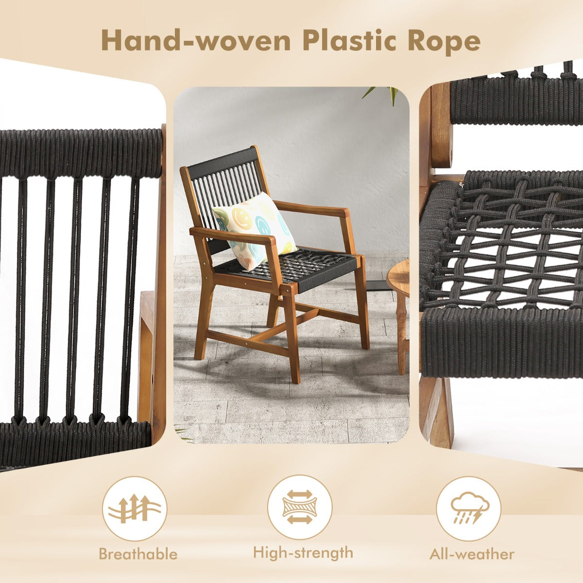 LIVSK Weerbestendige Terrasstoelen - Handgeweven Kunststof Touw - Acaciahouten Frame - Ergonomisch Design - Zwart en naturel