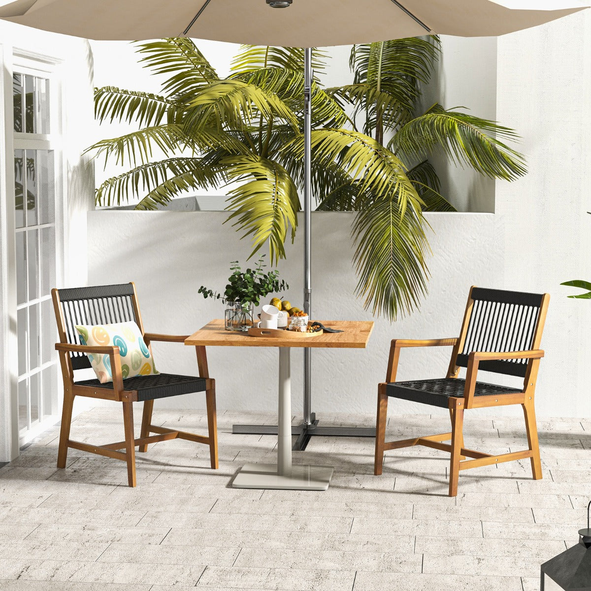 LIVSK Weerbestendige Terrasstoelen - Handgeweven Kunststof Touw - Acaciahouten Frame - Ergonomisch Design - Zwart en naturel
