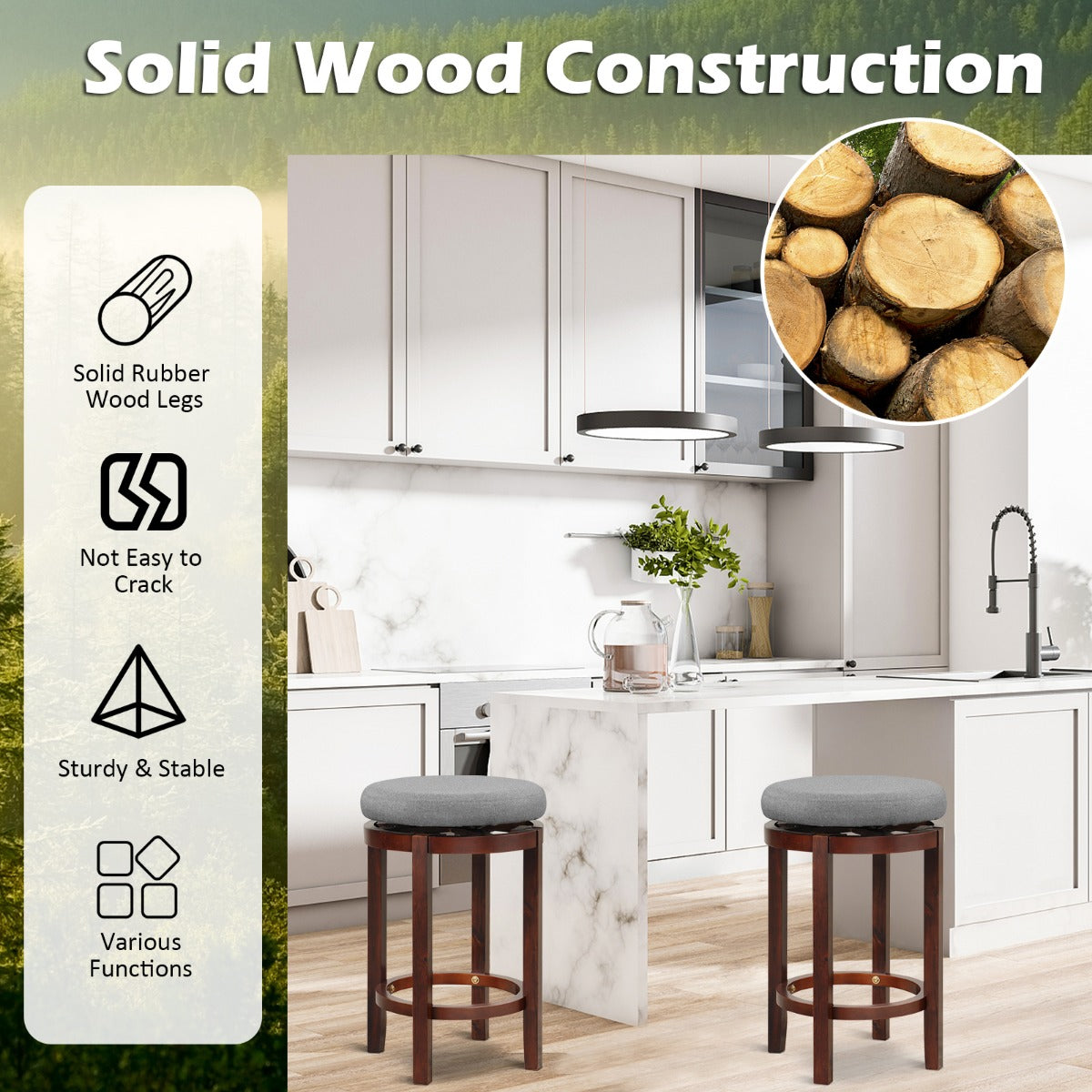 LIVSK Barkrukken Set van 2 - 360° Draaibaar - Comfortabele Zitting - Rubberhouten Poten - Tot 180 kg - Grijs en Bruin