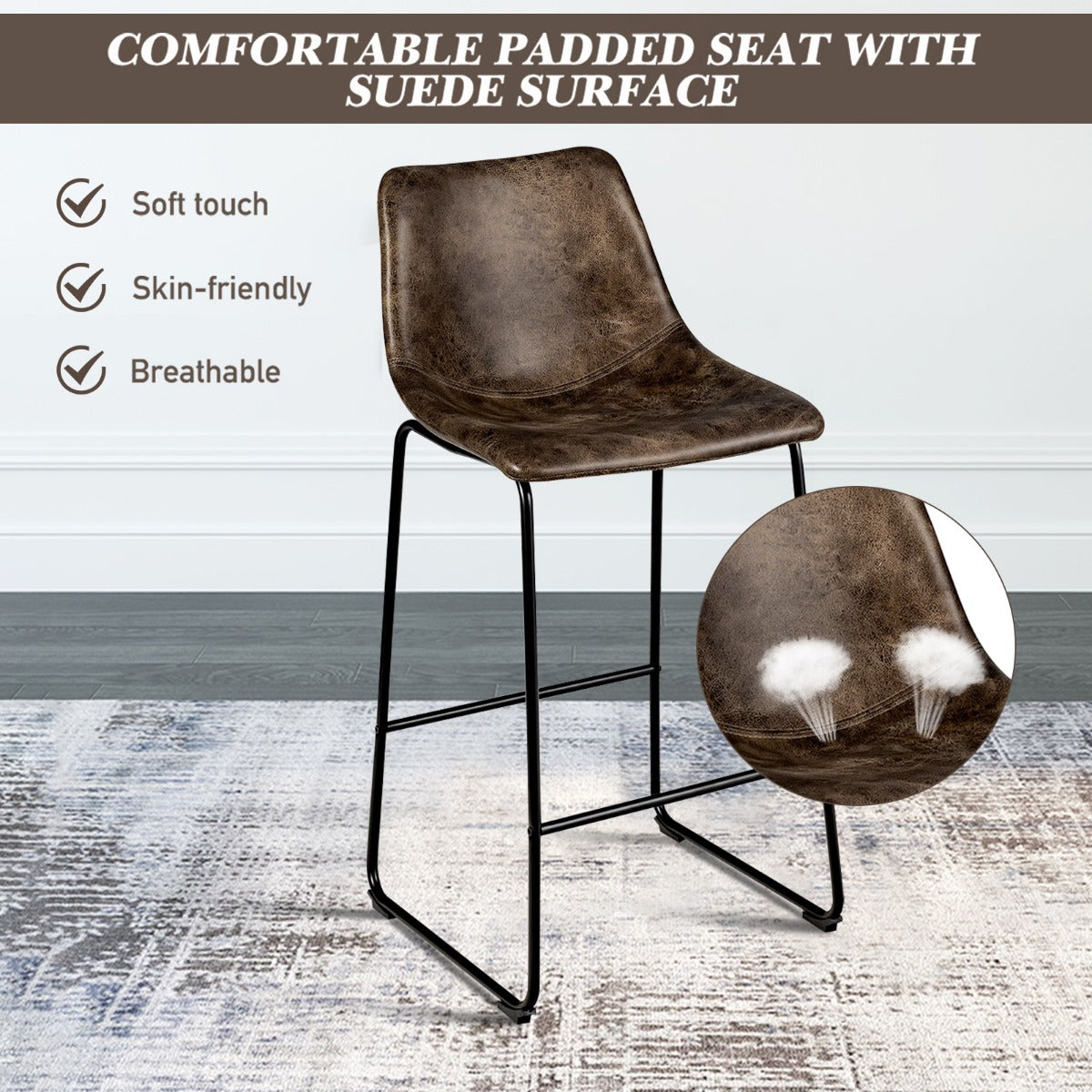 LIVSK Barkrukset van 2 - Gevoerde Imitatiesuède Zitting - Ergonomisch Ontwerp - Stevig Metalen Frame - Zithoogte 75 cm - Bruin