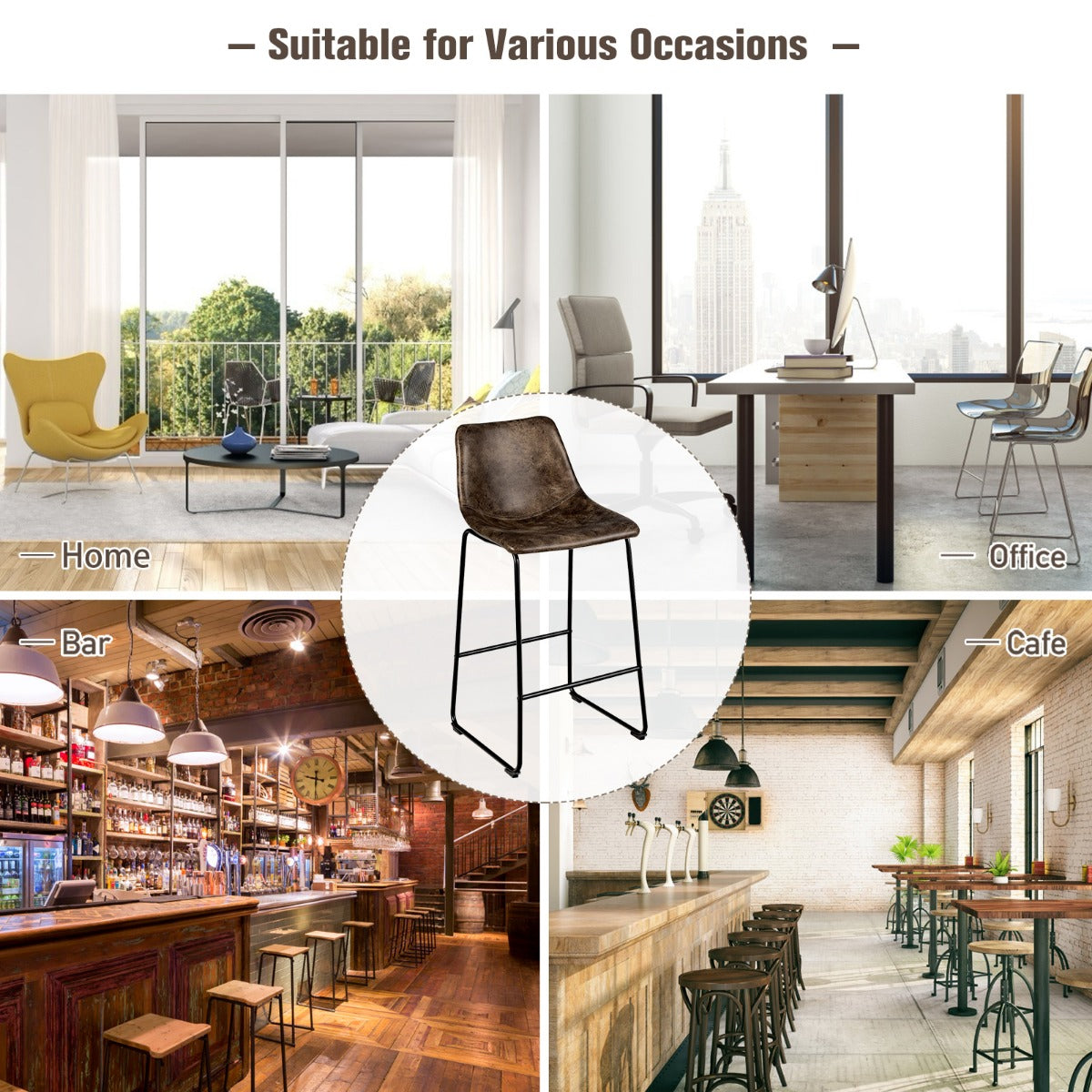 LIVSK Barkrukset van 2 - Gevoerde Imitatiesuède Zitting - Ergonomisch Ontwerp - Stevig Metalen Frame - Zithoogte 75 cm - Bruin