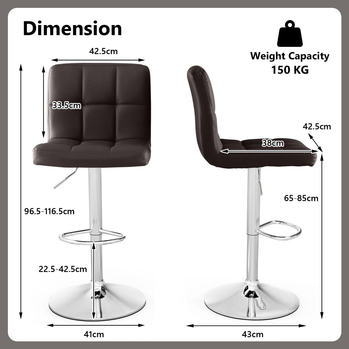 LIVSK Barstoelenset - Verstelbare Zithoogte 65-85 cm - 360° Draaibaar - Voetsteun - Tot 150 kg - Bruin