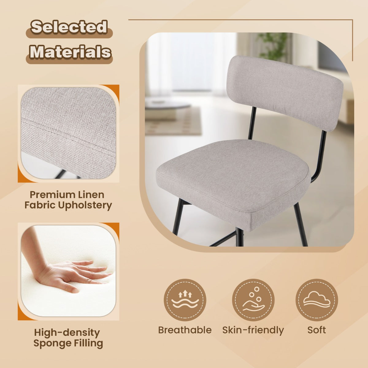 LIVSK Barkrukken Set van 2 - Draaibaar met Rugleuning - Zithoogte 63,5 cm - Voor Bartafels 89-99 cm - Beige