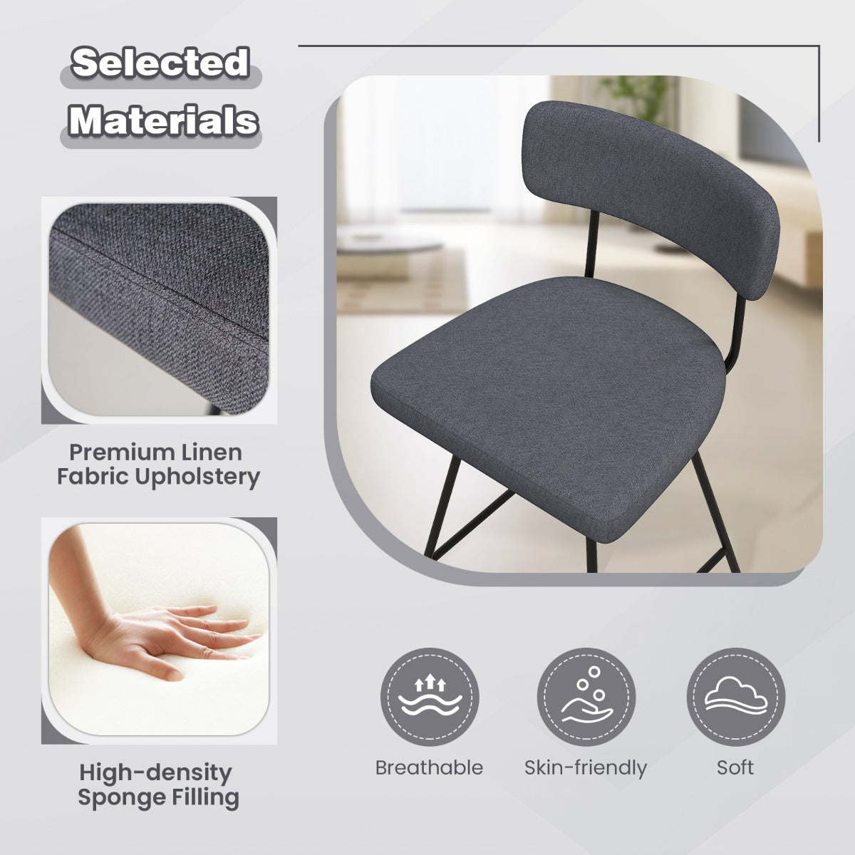 LIVSK Barkrukken Set van 2 - Draaibaar - Luxe Linnen - 63,5 cm Zithoogte - Robuust Metaal - Tot 150 kg - Beige/Grijs