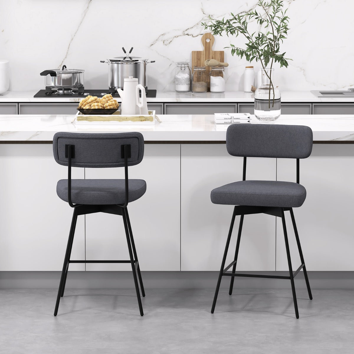 LIVSK Barkrukken Set van 2 - Draaibaar - Luxe Linnen - 63,5 cm Zithoogte - Robuust Metaal - Tot 150 kg - Beige/Grijs