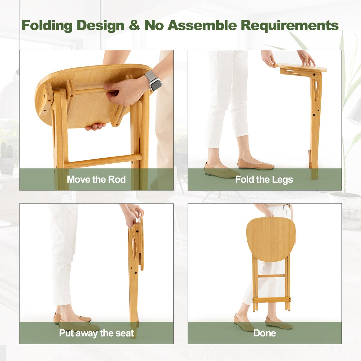 LIVSK Bamboe Barkrukken Set van 2 - Ergonomisch en Opvouwbaar - Geen Montage Nodig - Draagvermogen 150 kg - Natuur