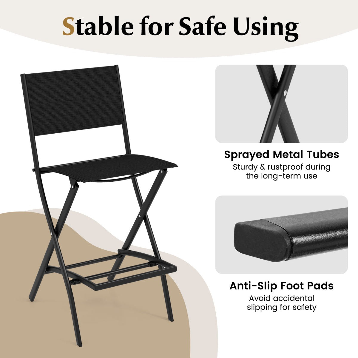 LIVSK Outdoor Barkrukken Set - Hoogwaardige Stof - Gecoat Metalen Frame - Belastbaar tot 150 kg - Eenvoudig Inklapbaar - Koffie