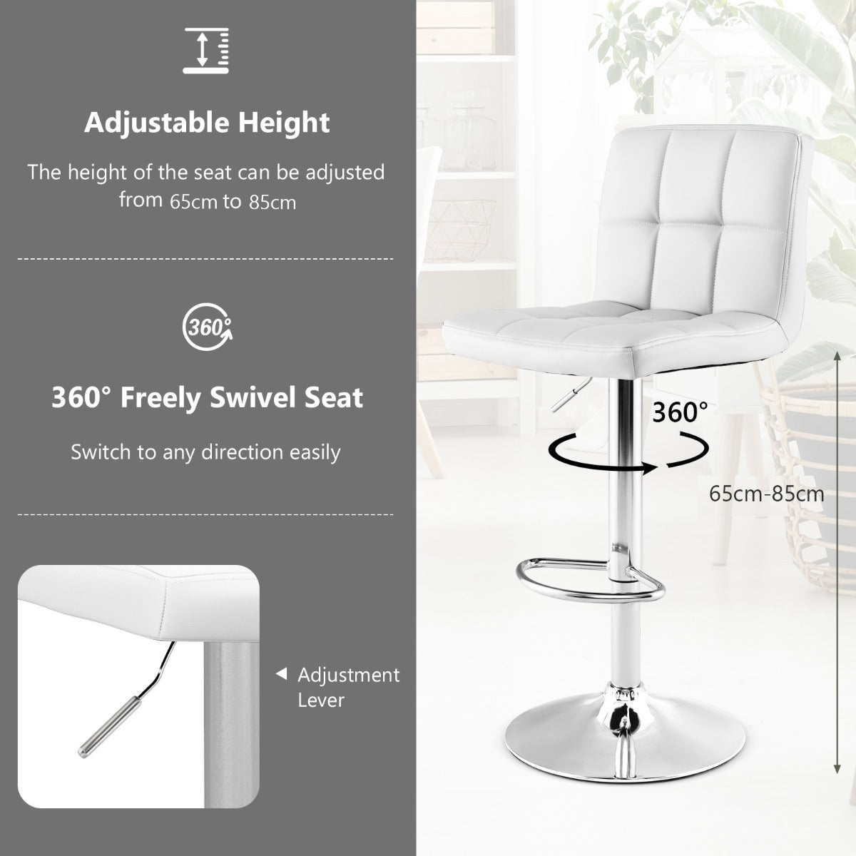 LIVSK Set van 2 Verstelbare Barstoelen - 360° Draaibaar - Schuine Rugleuning - Voetsteun - Tot 150 kg - Wit