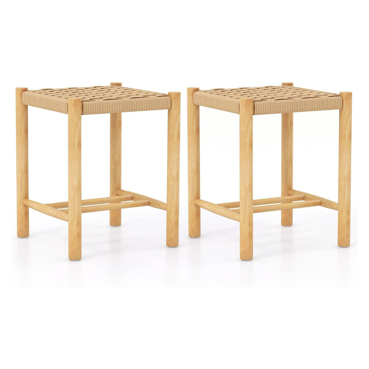 LIVSK Barkrukken Set van 2 - Rubberhouten Frame - Gevlochten Papieren Touw - Stabiele Bistrokruk - Zithoogte 45 cm - Natuur