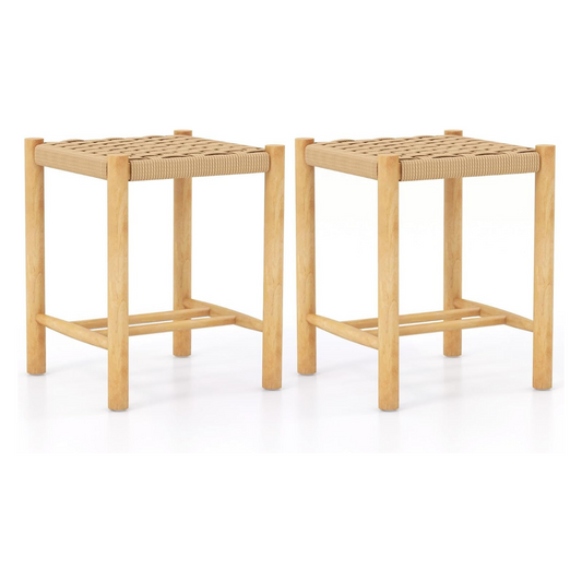 LIVSK Barkrukken Set van 2 - Rubberhouten Frame - Gevlochten Papieren Touw - Stabiele Bistrokruk - Zithoogte 45 cm - Natuur