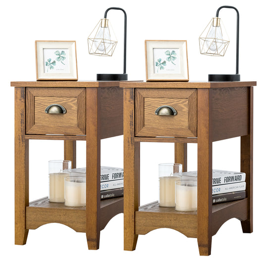 LIVSK Bijzettafels Set van 2 - Retro Design met Lade en Onderste Plank - Duurzaam en Stabiel - 56 x 33 x 58,5 cm - Geelbruin