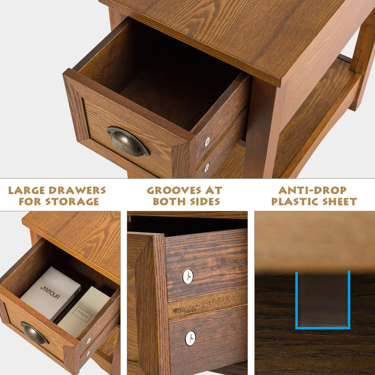LIVSK Bijzettafels Set van 2 - Retro Design met Lade en Onderste Plank - Duurzaam en Stabiel - 56 x 33 x 58,5 cm - Geelbruin