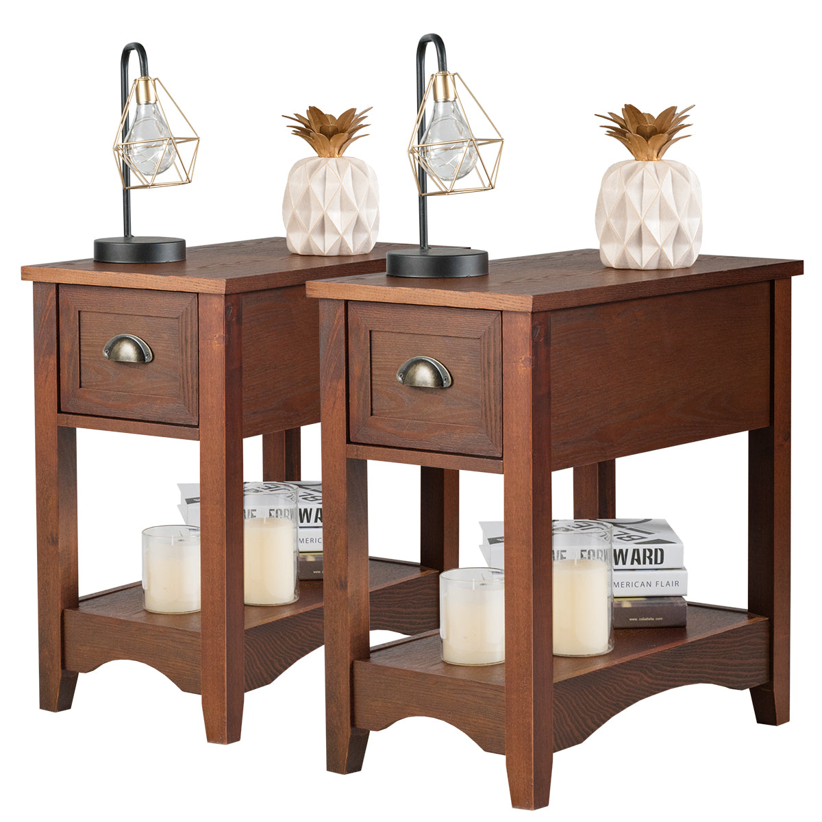 LIVSK Bijzettafel Set van 2 - Retro Design met Lade en Plank - Duurzaam MDF en Rubberhout - 56 x 33 x 58,5 cm - Roodbruin