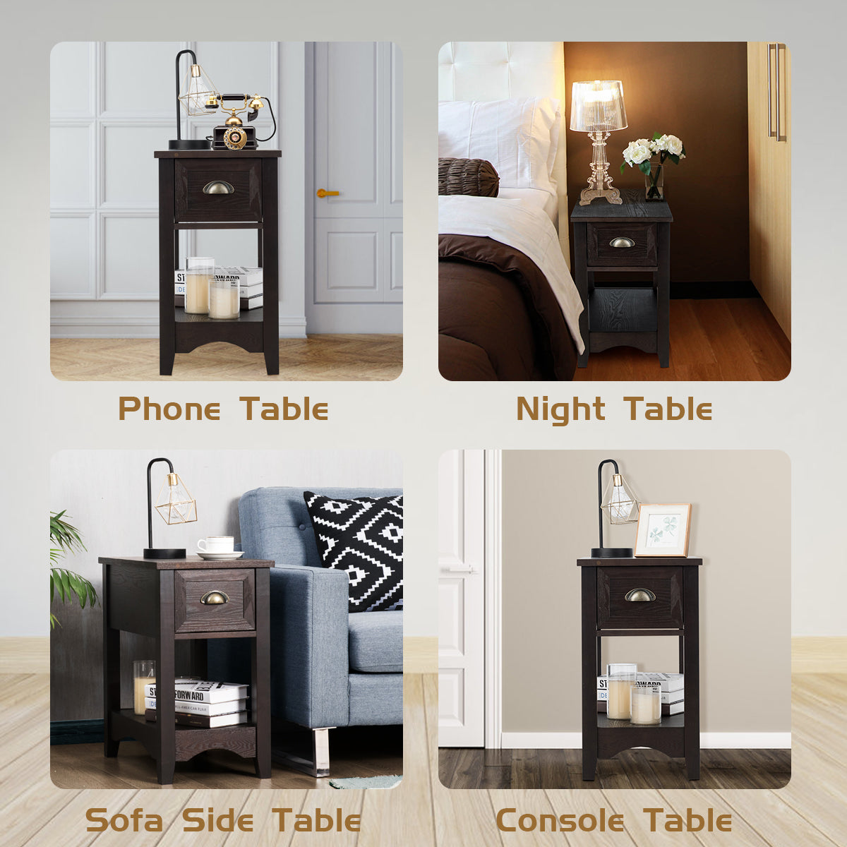LIVSK Bijzettafel Set van 2 - Retrostijl met Lade en Plank - Duurzaam MDF en Rubberhout - Eenvoudig te Monteren - Walnoot