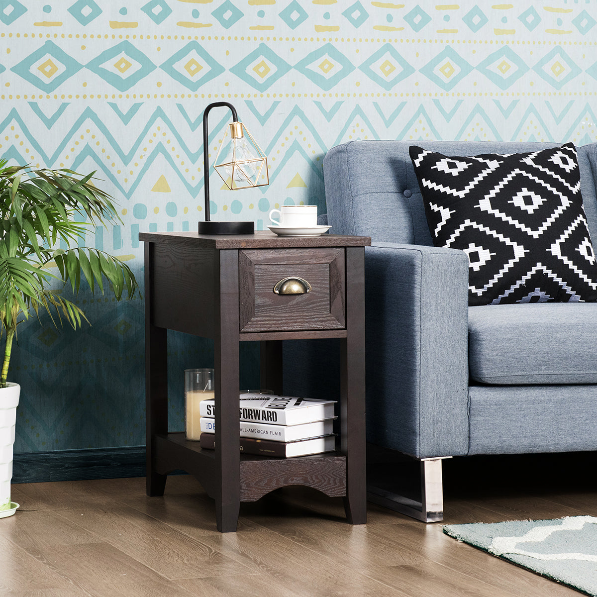 LIVSK Bijzettafel Set van 2 - Retrostijl met Lade en Plank - Duurzaam MDF en Rubberhout - Eenvoudig te Monteren - Walnoot