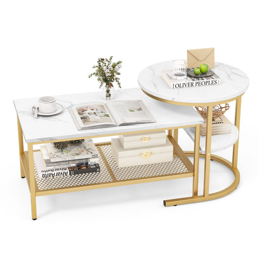 LIVSK Set van 2 Nesttafels - Rechthoekige Salontafel en Ronde Bijzettafel - Met Faux Marmeren Blad - Stabiel en Duurzaam - Zwart