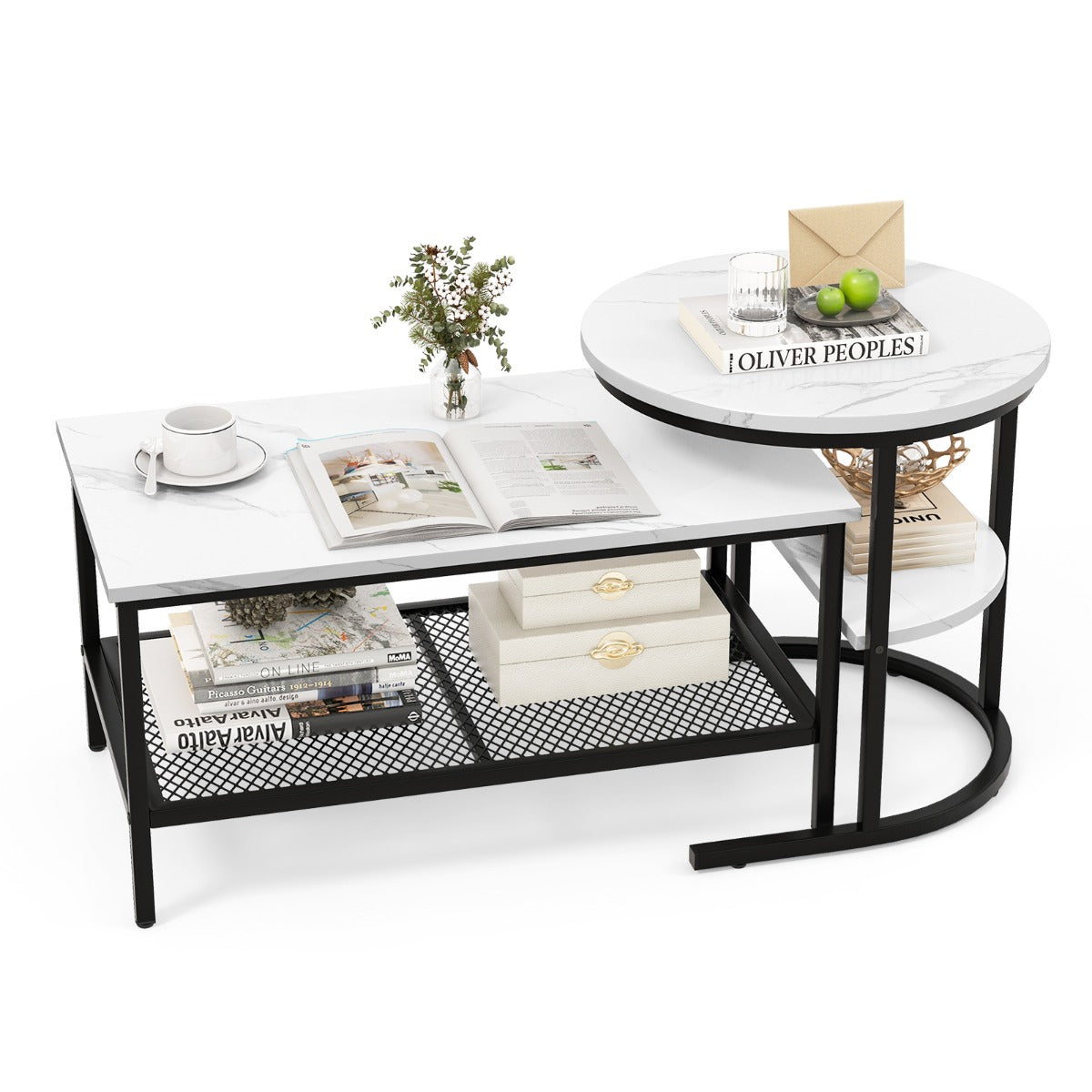 LIVSK Set Bijzettafels - Rechthoekige Salontafel en Ronde Bijzettafel - Faux Marmer - Metalen Frame - 80 x 46 x 41 cm - Zwart +