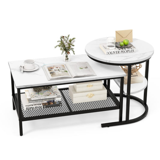 LIVSK Set Bijzettafels - Rechthoekige Salontafel en Ronde Bijzettafel - Faux Marmer - Metalen Frame - 80 x 46 x 41 cm - Zwart +