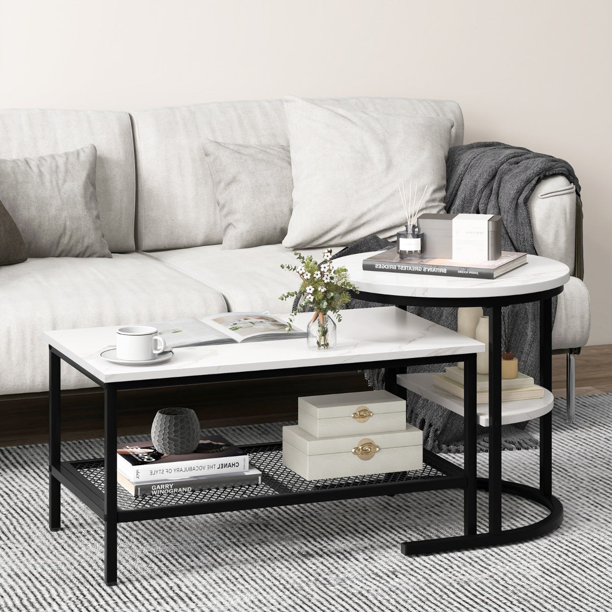 LIVSK Set Bijzettafels - Rechthoekige Salontafel en Ronde Bijzettafel - Faux Marmer - Metalen Frame - 80 x 46 x 41 cm - Zwart +