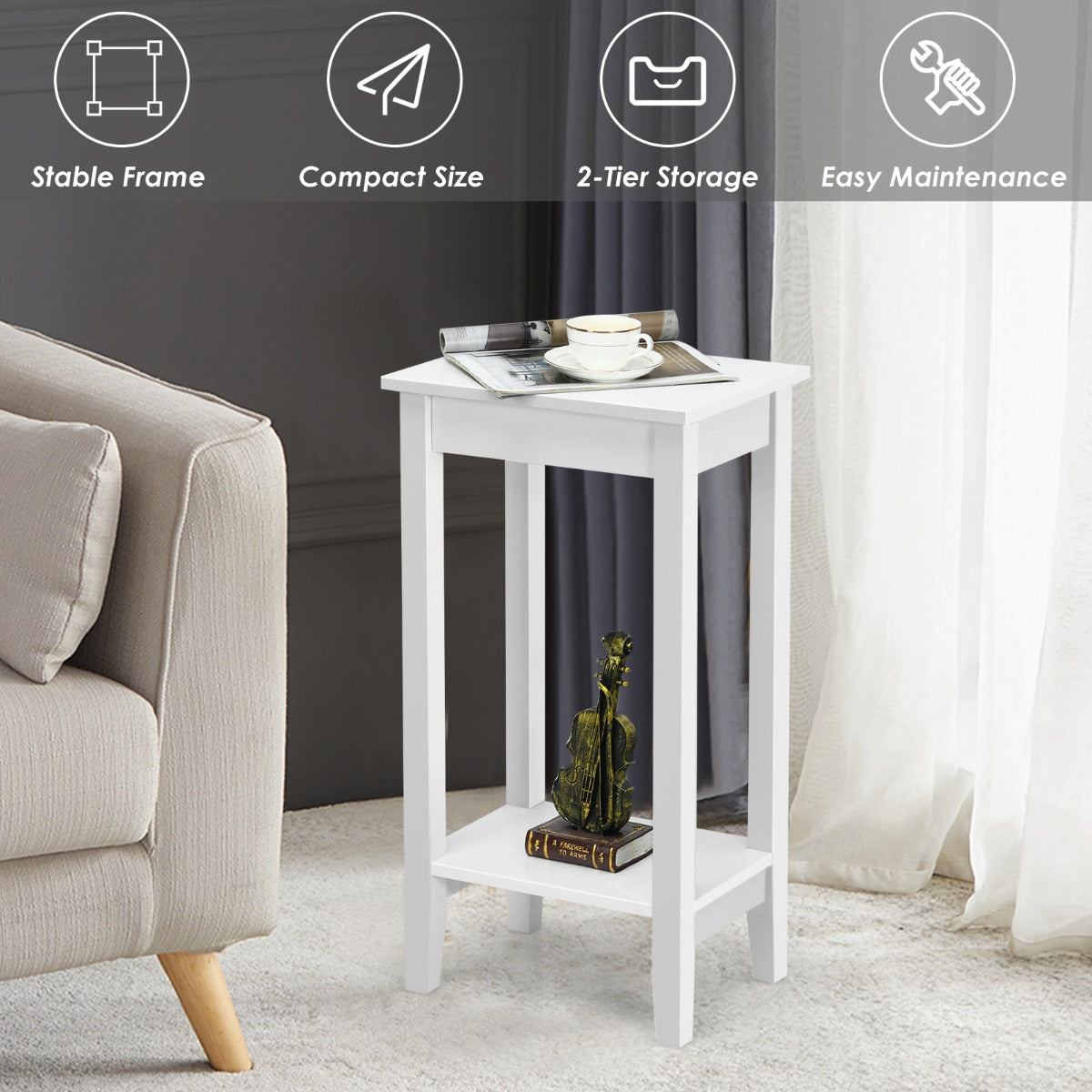 LIVSK Bijzettafel Set van 2 - Massief Houten Poten - 2 Planken - Compact en Multifunctioneel - Tot 45 kg - Wit