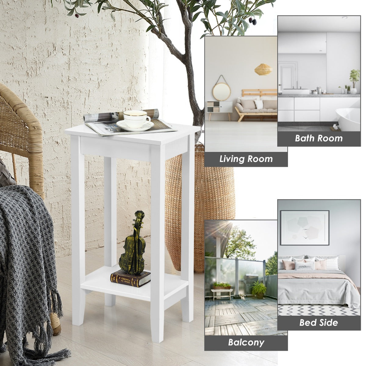 LIVSK Bijzettafel Set van 2 - Massief Houten Poten - 2 Planken - Compact en Multifunctioneel - Tot 45 kg - Wit