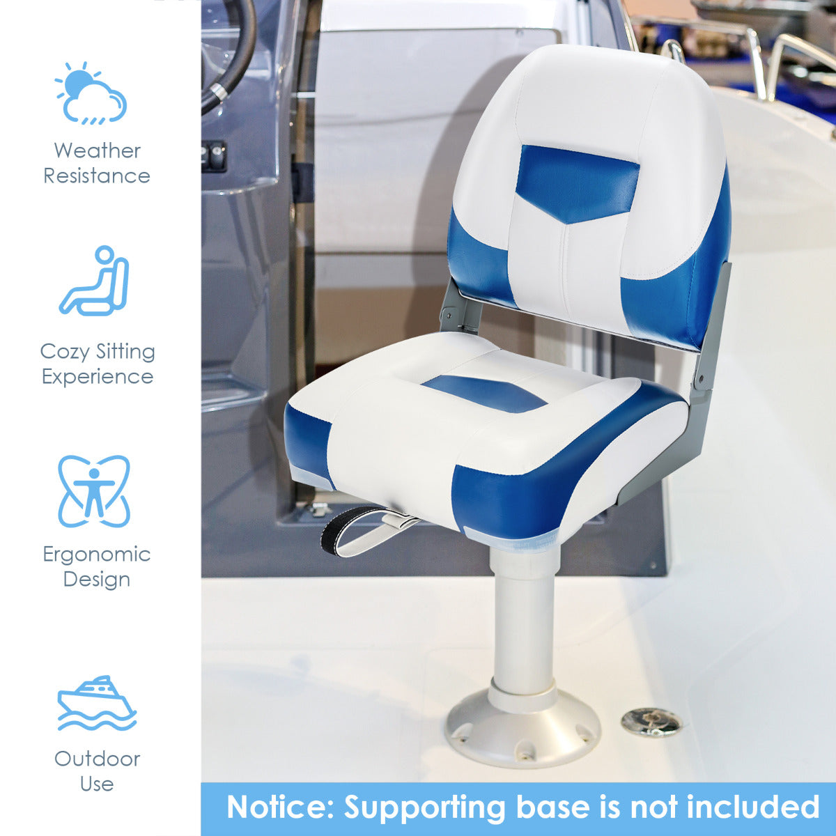 LIVSK Set van 2 Inklapbare Bootstoelen - 11 cm Dikke Sponsvulling - Gebogen Rugleuning - Waterdicht - Tot 110 kg - Blauw/Wit