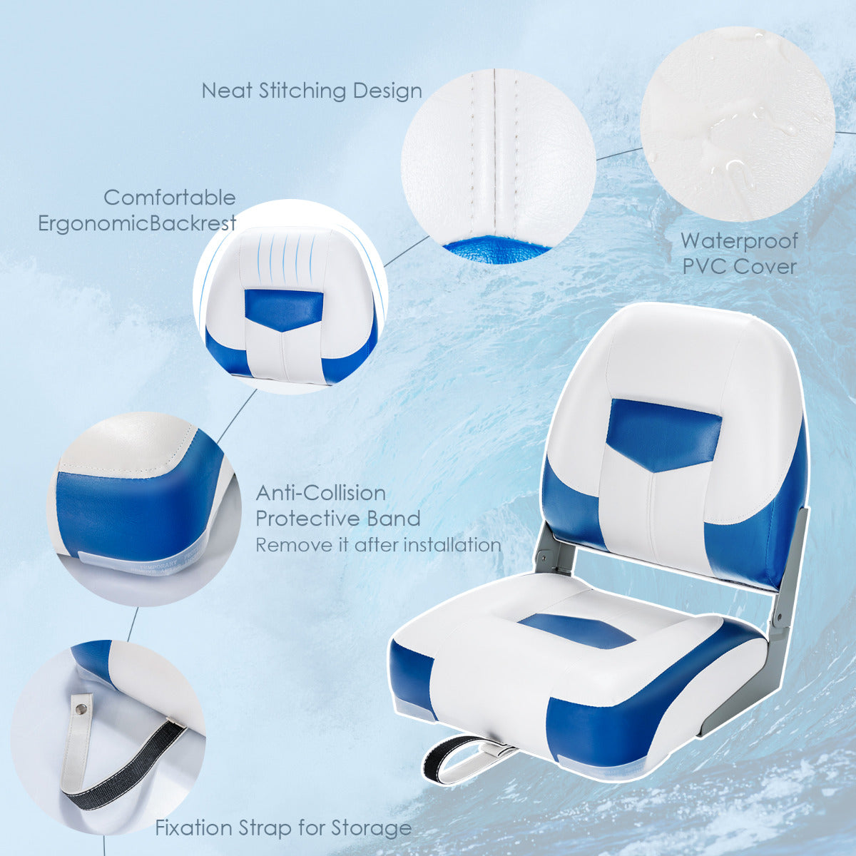 LIVSK Set van 2 Inklapbare Bootstoelen - 11 cm Dikke Sponsvulling - Gebogen Rugleuning - Waterdicht - Tot 110 kg - Blauw/Wit