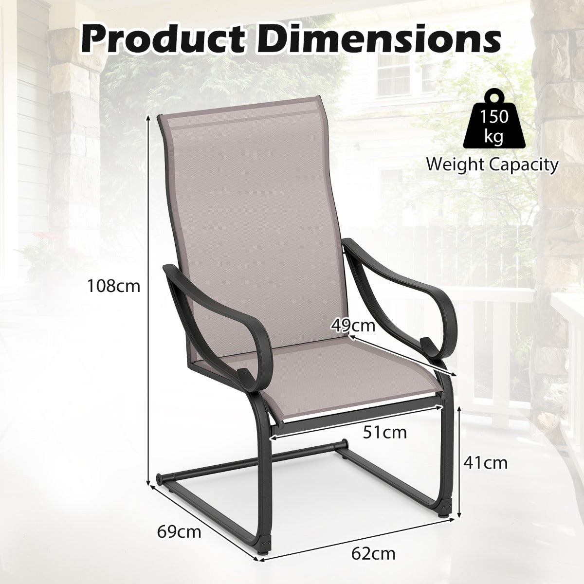LIVSK Buitenstoelen Set van 2 - C-Veerontwerp - Ergonomische Rugleuning - Tot 150 kg - Ademend - 69 x 62 x 108 cm - Grijs