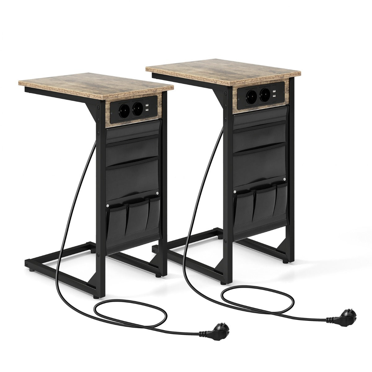 LIVSK Set van 2 Bijzettafels met Oplaadstation - 2 Stopcontacten en 2 USB-poorten - Slank 'C'-ontwerp - Bruin