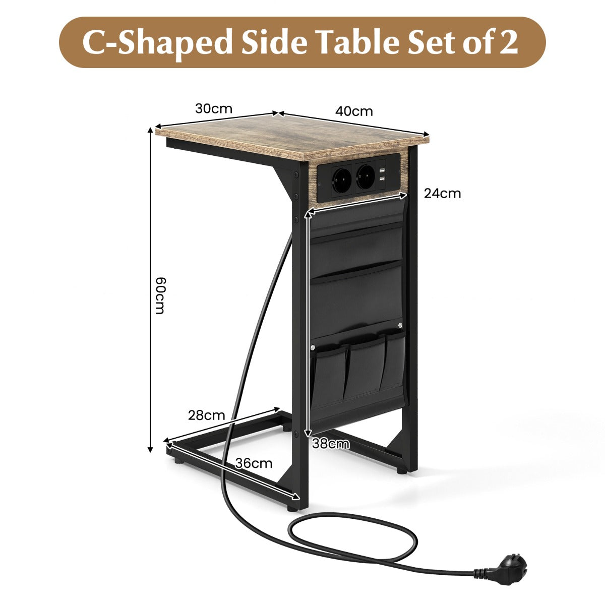 LIVSK Set van 2 Bijzettafels met Oplaadstation - 2 Stopcontacten en 2 USB-poorten - Slank 'C'-ontwerp - Bruin