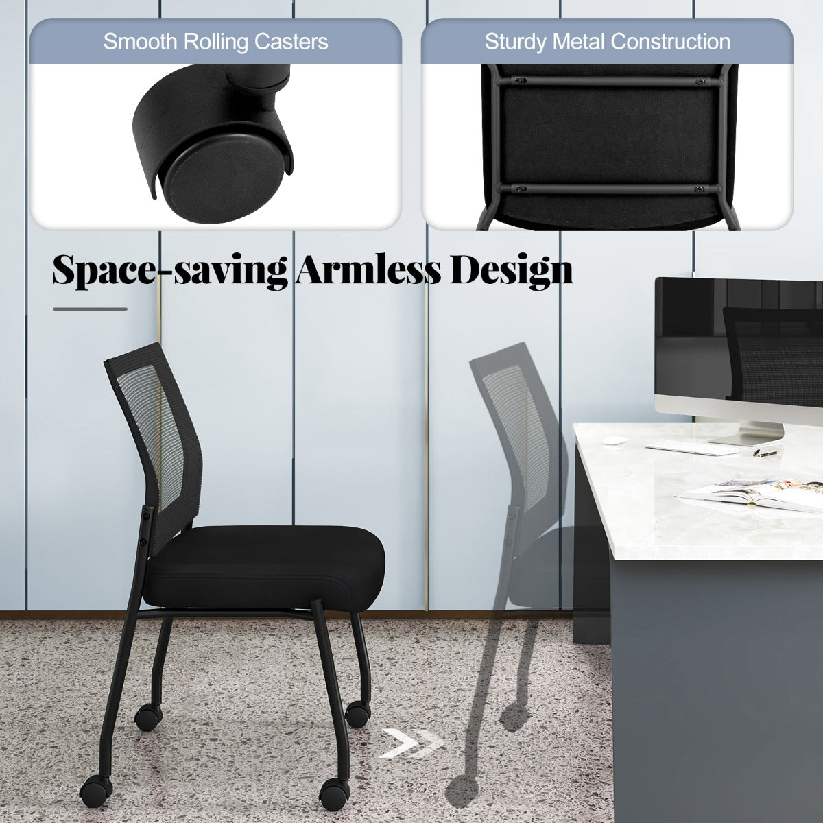LIVSK Ergonomische Netstoelen - Ademend met Pluche Gevoerde Zitting - Stapelbaar en Soepel Rollende Wielen - Tot 125 kg - Zwart
