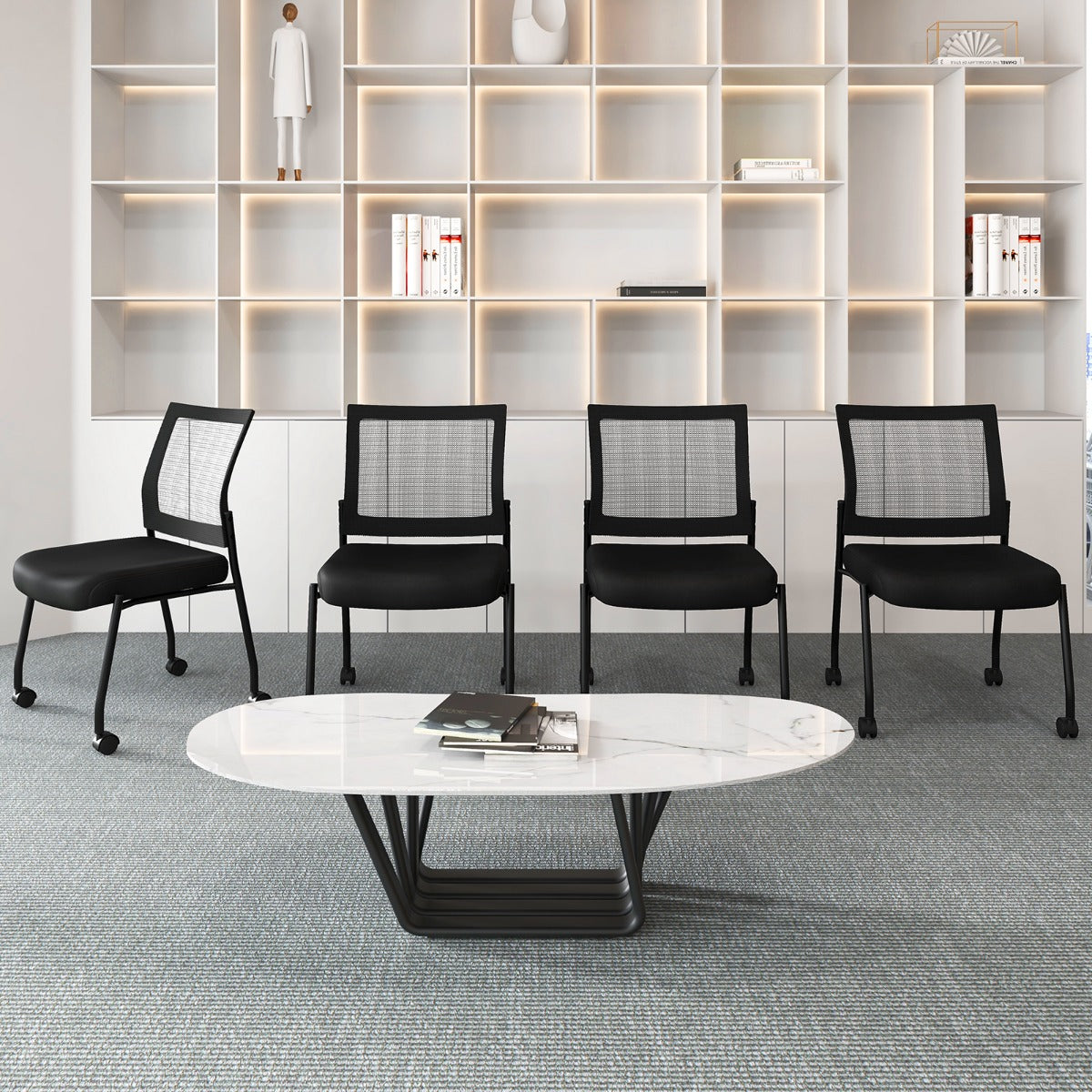 LIVSK Ergonomische Netstoelen - Ademend met Pluche Gevoerde Zitting - Stapelbaar en Soepel Rollende Wielen - Tot 125 kg - Zwart