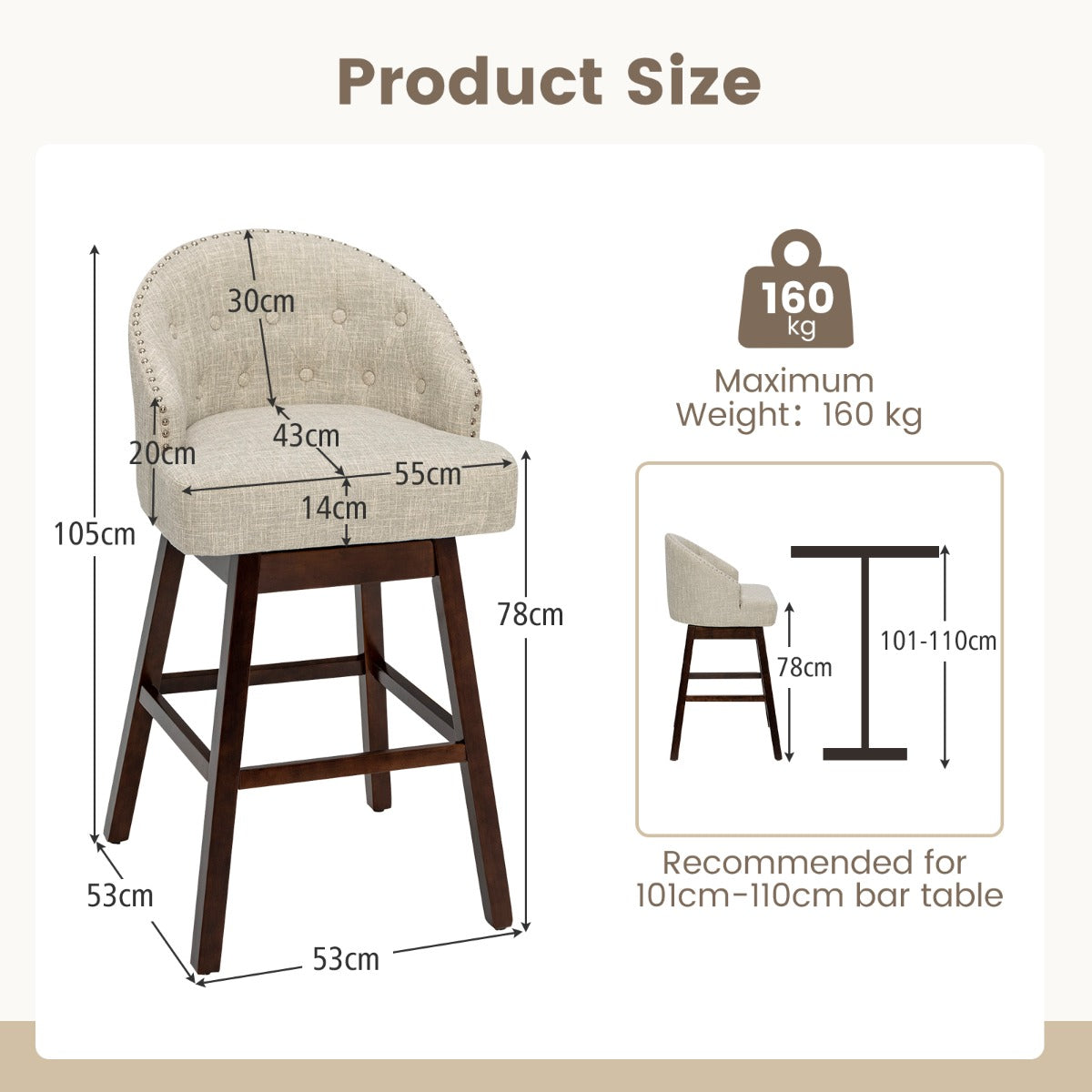 LIVSK Draaibare Barstoelen - Ergonomische Rugleuning - Rubberhouten Poten - Elegant Gestoffeerd - Tot 160 kg - Beige + Bruin