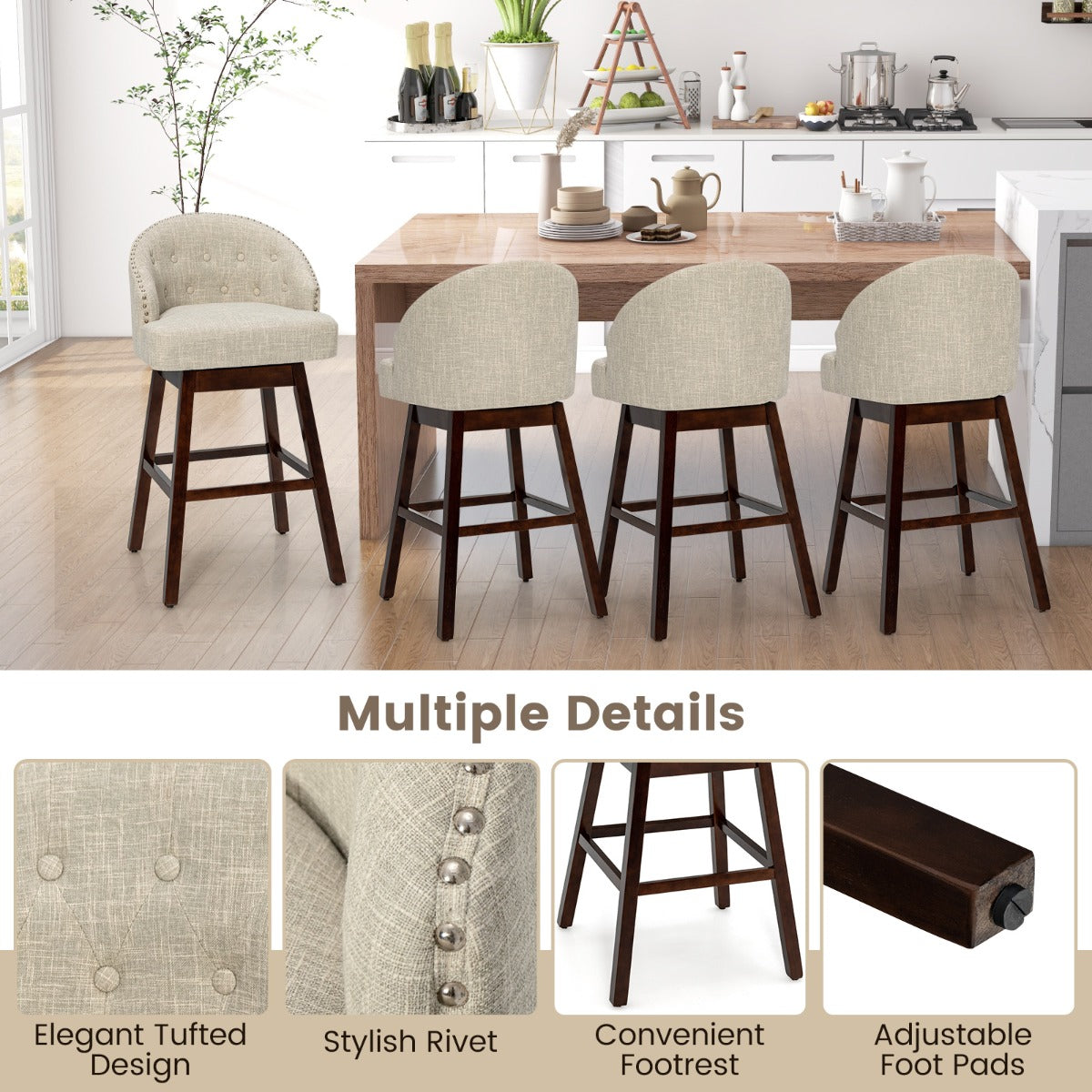 LIVSK Draaibare Barstoelen - Ergonomische Rugleuning - Rubberhouten Poten - Elegant Gestoffeerd - Tot 160 kg - Beige + Bruin