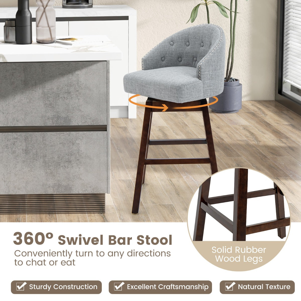 LIVSK Gewatteerde Barstoelen met Klinknagel - 360° Draaifunctie - Ergonomisch Comfort - Voor Bartafels 101-110 cm - Grijs + Bruin