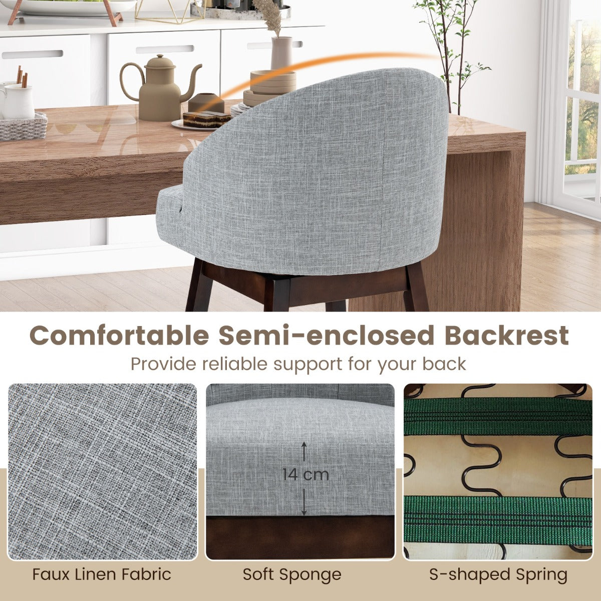 LIVSK Gewatteerde Barstoelen met Klinknagel - 360° Draaifunctie - Ergonomisch Comfort - Voor Bartafels 101-110 cm - Grijs + Bruin