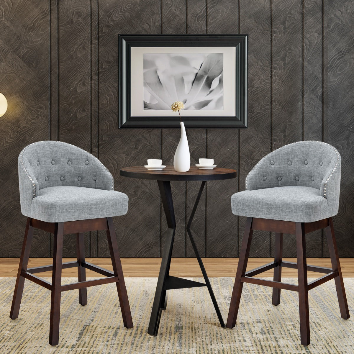 LIVSK Gewatteerde Barstoelen met Klinknagel - 360° Draaifunctie - Ergonomisch Comfort - Voor Bartafels 101-110 cm - Grijs + Bruin