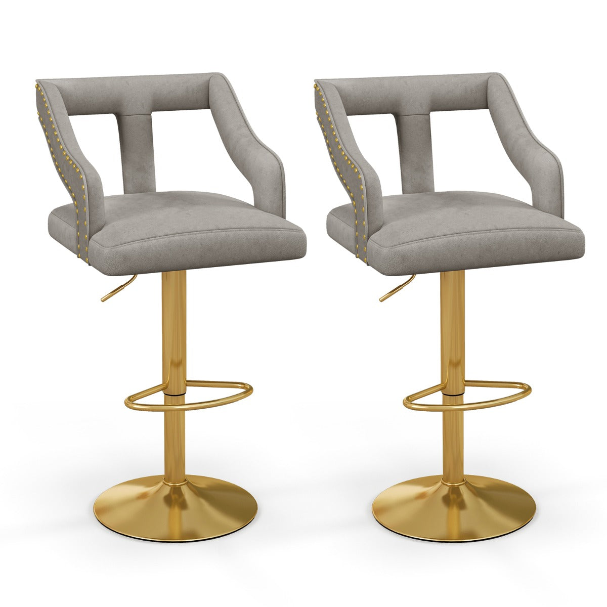 LIVSK Barkrukken Set - Nederlands Fluweel - Verstelbare Zithoogte 63-85 cm - Draaibaar - Max. 150 kg - Grijs en goud