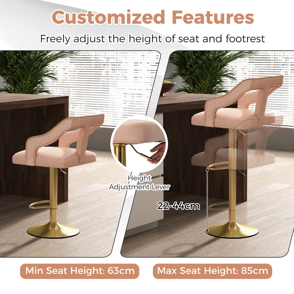 LIVSK Luxe Barstoelen Set - Verstelbare Hoogte 63-85 cm - Draaibare Zitting - Zacht Nederlands Fluweel - Grijs en Goud