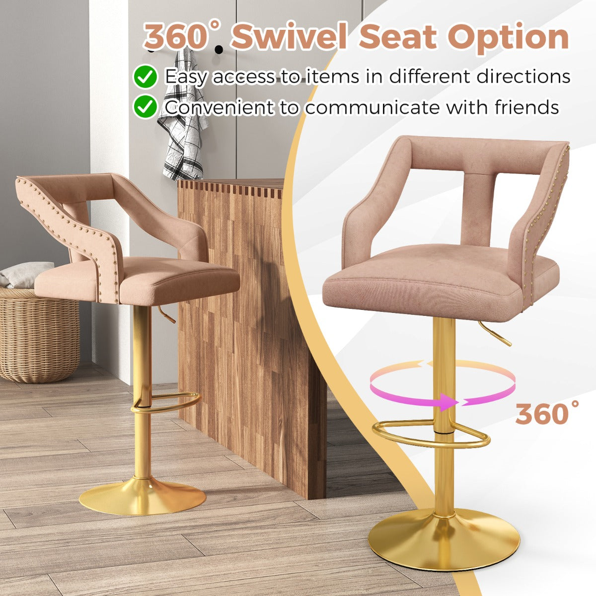 LIVSK Luxe Barstoelen Set - Verstelbare Hoogte 63-85 cm - Draaibare Zitting - Zacht Nederlands Fluweel - Grijs en Goud