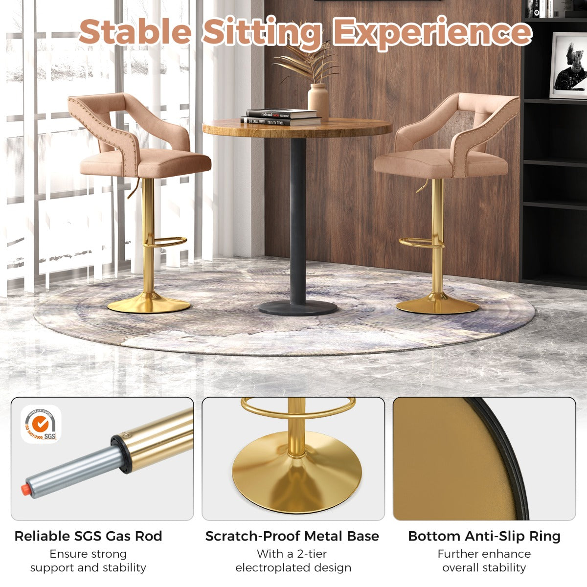 LIVSK Luxe Barstoelen Set - Verstelbare Hoogte 63-85 cm - Draaibare Zitting - Zacht Nederlands Fluweel - Grijs en Goud