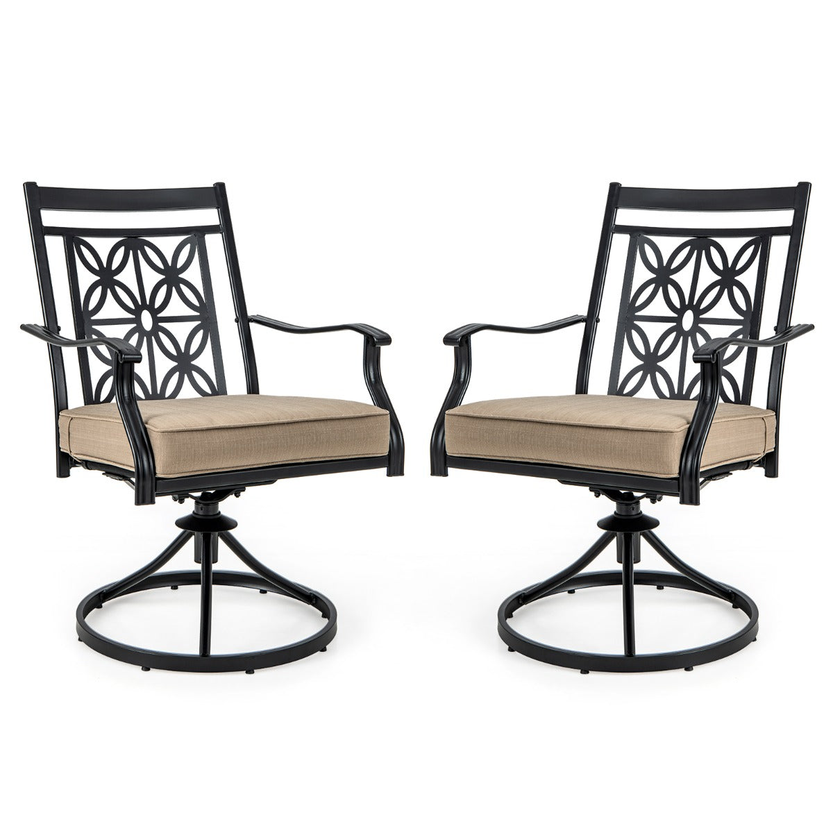 LIVSK Draaibare Tuinstoelen - 360° Draaibaar - Weerbestendig Metaal - 9 cm Dik Kussen - Elegant Bloemenpatroon - Zwart