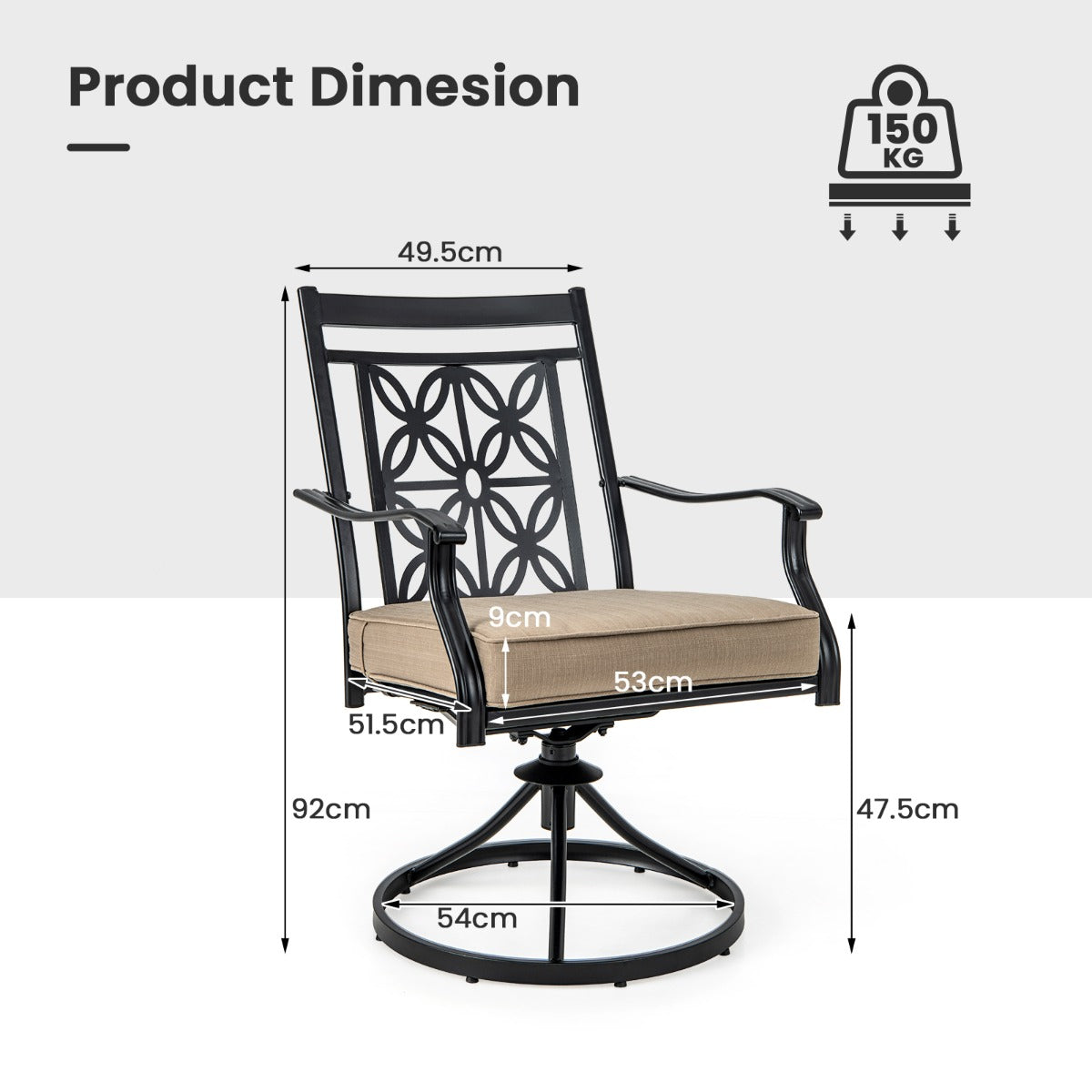 LIVSK Draaibare Tuinstoelen - 360° Draaibaar - Weerbestendig Metaal - 9 cm Dik Kussen - Elegant Bloemenpatroon - Zwart